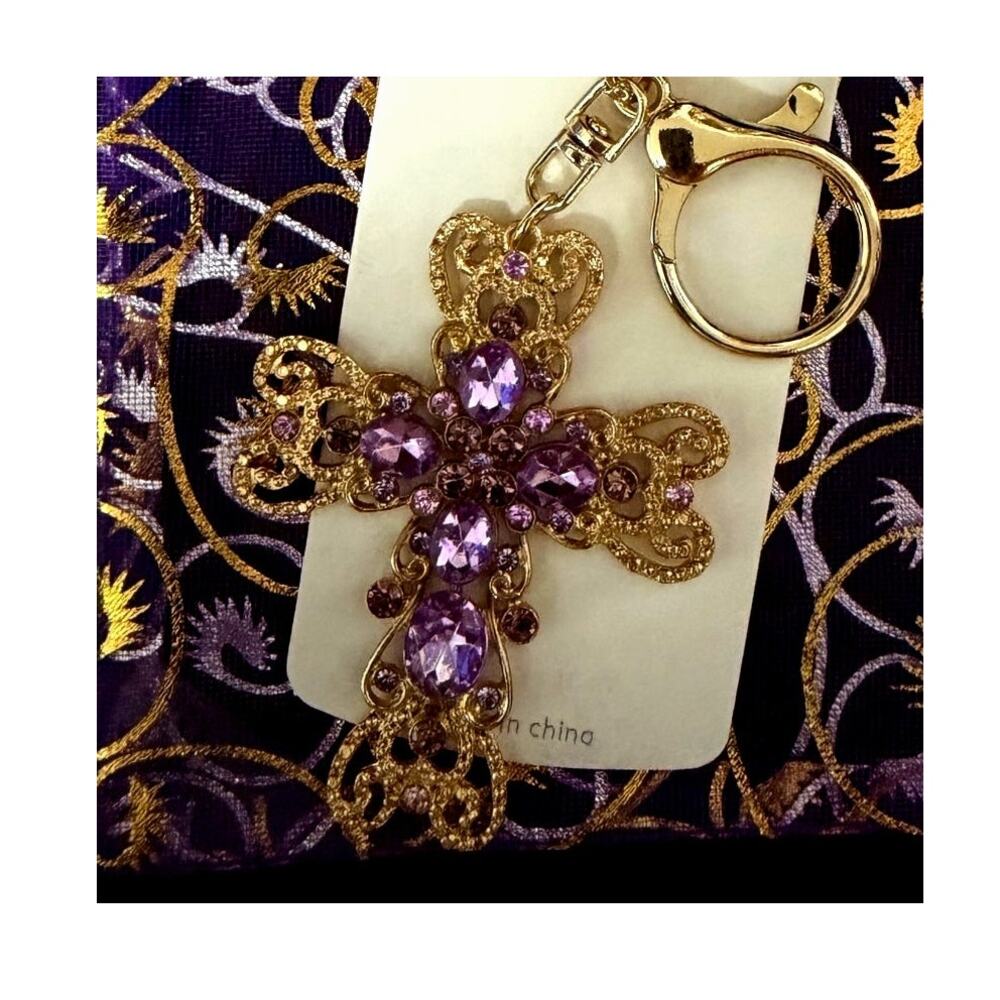 Mint Gold Filigree Purple Rhinestone Cross Bag Tag Key Ring